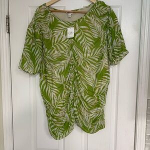 Cato Mesh‎ Green And Tan Palm Leaf Print Ruched Top Size 26/28W